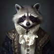 Realistic lifelike racoon in renaissance regal medieval noble royal outfits, commercial, editorial advertisement, surreal surrealism. 18th-century historical