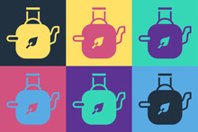 Pop Art Teapot With Leaf Icon Isolated On Color Background. Vector
