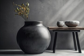 Poster - Cement table with a black vase. Photorealistic. Generative AI