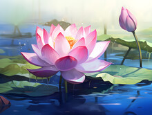 Abstract Watercolor Painting Of Lotus Flower. The Lotus Flower Is Known As The Queen
 Of Water Plants. A Symbol Of Fertility. Generative Ai. Illustration.