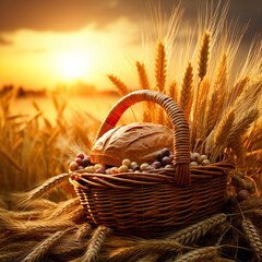 Wall Mural -  Thanksgiving, Bread basket with wheat harvest, Laughing people with grapes, bread and wheat, sunset, sunset in the countryside, Ai generated