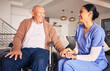 © Theron/peopleimages.com - Happy nurse helping man in wheelchair with medical trust, therapy and support in retirement home. Patient with disability, caregiver and woman smile with empathy for rehabilitation service in nursing