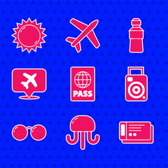 Poster - Set Passport, Jellyfish, Travel ticket, Photo camera, Glasses, Speech bubble with airplane, Bottle of water and Sun icon. Vector