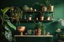 Beautiful Plants In A Variety Of Hipster And Contemporary Pots Are Displayed In A Stylish Living Room's Décor On A Green Shelf. A Green Wall. Home Garden Jungle With A Contemporary And Floral Design
