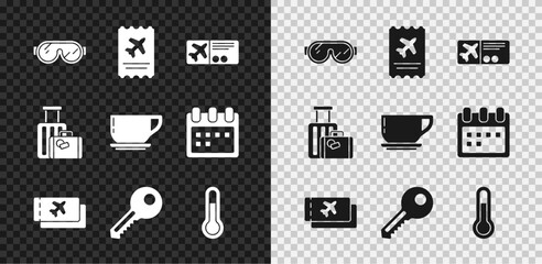 Poster - Set Ski goggles, Airline ticket, Key, Meteorology thermometer, Suitcase and Coffee cup icon. Vector