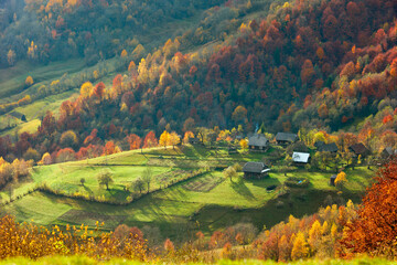 Canvas Print - Autumn in the mountain village, a few houses on the high mountain valley.