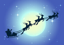 Santa Claus In Sleigh And Reindeer Sled On Background Of Full Moon In Night Sky Christmas. Illustration For Greeting Card