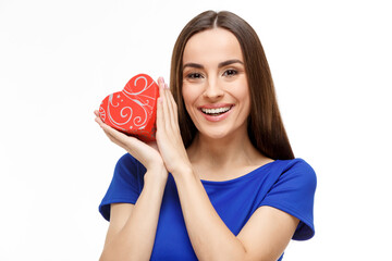 Sticker - Valentine's Day. Beautiful woman holding heart shaped gift