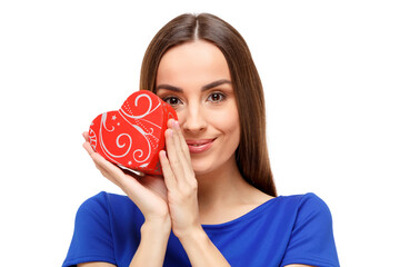 Sticker - Valentine's Day. Beautiful woman holding heart shaped gift