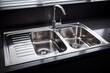 © SayLi - a close up stainless steel shiny perfectly clean kitchen sink with a tap. Generative AI