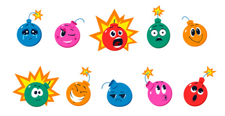 Cartoon funny bomb characters. Isolated vector explosive weapon personage with burning wick emotions. Crying, wink eye, explode, shocked and surprised. Happy smile, confused, whistle and laughing