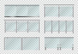 Glass fence, banister, realistic balustrade rail isolated 3d vector set. Architectural plexiglass guardrail for balcony or office terrace mockup, transparent partition with metal poles front view