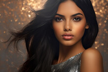 Generative Ai Studio Portrait Of Beautiful Latino Brunette Young Woman On Colour Backgrounds