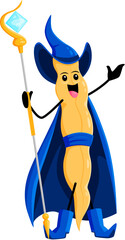 Cartoon halloween bean vegetable mage character. Legumes warlock funny personage, soy bean pod sorcerer or magician isolated vector cheerful mascot holding magic staff, wearing blue cape and hat