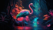 AI Generated Illustration Of A Flamingo Standing In Water In The Forest