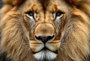 Poster - AI generated illustration of a lion portrait with a long mane and wrinkled forehead