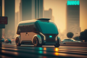 Poster - AI generated illustration of a luxury futuristic van driving down a downtown city road