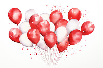 Wall Mural - Red and White Watercolor Balloons, Celebrate your Birthday Party, Happy Birthday Balloon Card - Generative Ai