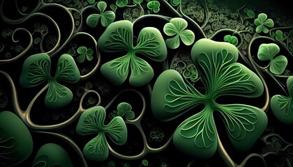 Poster - AI generated illustration of various green clover leaves on a black background