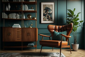 Wall Mural - AI generated illustration of a stylish living room with a leather armchair and luxury decors