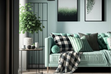 Sticker - AI generated illustration of a modern living room in mint and white colors