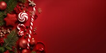 Christmas Red Background Adorned With Candy Canes, Stocking And Holly. Created With Generative AI Technology.