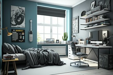 Wall Mural - AI generated illustration of a cool hip bedroom interior design for boys