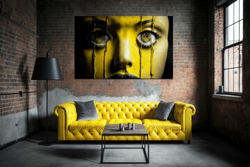 Sticker - AI generated illustration of a rustic room interior with a yellow leather sofa and a brick wall