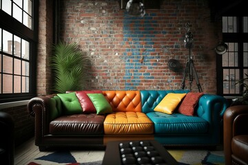 Canvas Print - AI generated illustration of a rustic room interior with a colorful leather sofa and a brick wall