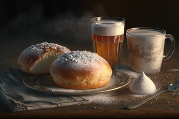 Poster - AI-generated illustration of powdered buns and drinks.