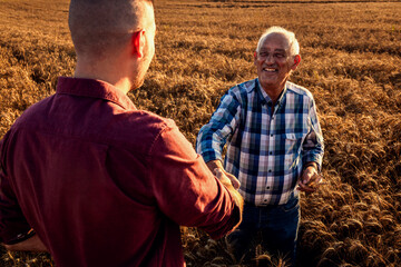 Wall Mural - Two farmers in wheat field making agreement with handshake at sunset.