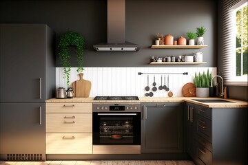 AI generated illustration of a kitchen with a monochromatic color palette