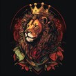 AI generated illustration of a regal lion wearing a golden crown on its head with reddish background