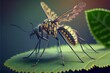 AI generated illustration of a close-up yellow mosquito perched on a green leaf