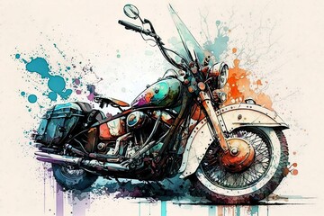 AI generated illustration of vintage motorcycle surrounded by colorful splash of paint