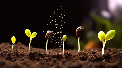 Selective focus shot of a group of green sprouts growing out from the soil. Generative ai