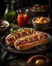 AI Generated Illustration Of A Close-up Of Two Steaming Hot Dog Sandwiches On A Wooden Table,
