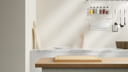 Poster - Kitchen cozy wooden table countertop and kitchen board on the blurred kitchen home interior background, place for product display and design.