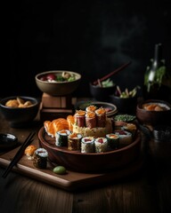 Canvas Print - AI generated illustration of A close-up shot of a plate with an assortment of sushi