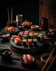 Canvas Print - AI generated illustration of An arrangement of sushi platters with soy sauce dipping bowls