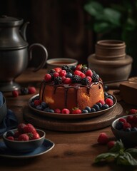 Wall Mural - AI generated illustration of A delectable vanilla cake topped with fresh berries