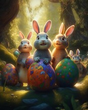 AI Generated Illustration Of Cute Easter Bunnies With Colorful Eggs And Decorations In A Field