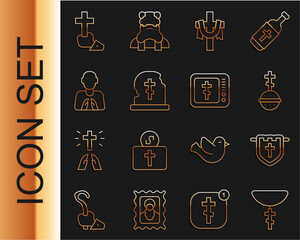 Wall Mural - Set line Christian cross on chain, Flag with christian, Grave tombstone, Hands praying position, and Online church pastor preaching icon. Vector