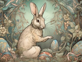 Canvas Print - AI generated illustration of a white bunny with colorful Easter eggs and decorations