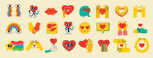 Groovy Hippie Love Sticker Set. Retro Happy Valentines Day. Comic Happy Heart Character In Trendy Retro 60s 70s Cartoon Style. Retro Characters And Elements.