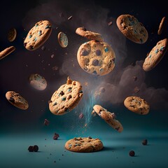 Poster - AI generated illustration of freshly-baked chocolate chip cookies spilling out