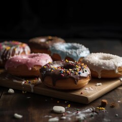 Sticker - AI generated illustration of delicious looking donuts arranged on a wooden cutting board