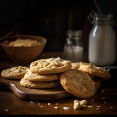 Poster - AI generated illustration of an arrangement of freshly-baked chocolate chip cookies on wooden table