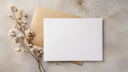 white greeting card mockup with subtle boho floral accents. invitation card mockup with flowers for 