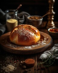 Poster - AI generated illustration of A freshly baked loaf of bread is displayed on a wooden board.